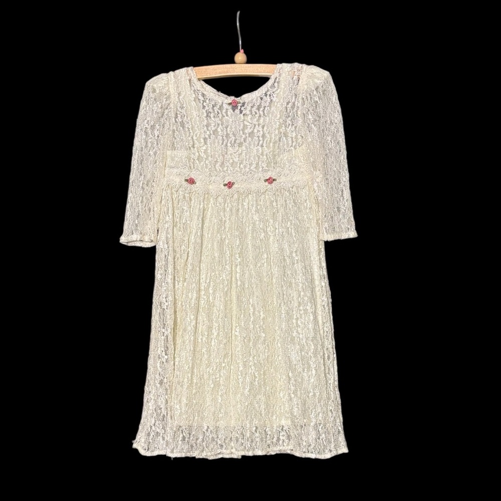 Girls Size 5- Ivory All-Lace 3/4 Sleeve Empire Waist Formal Dress + Slip 2pc Set